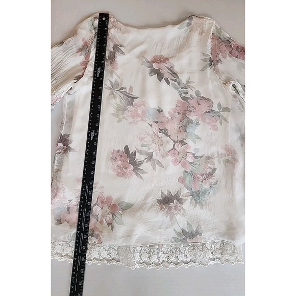 VTG Womens Silk Top S Pastel Pink Floral Bell Sleeve Lined Fairy Soft Cottage - Picture 9 of 12